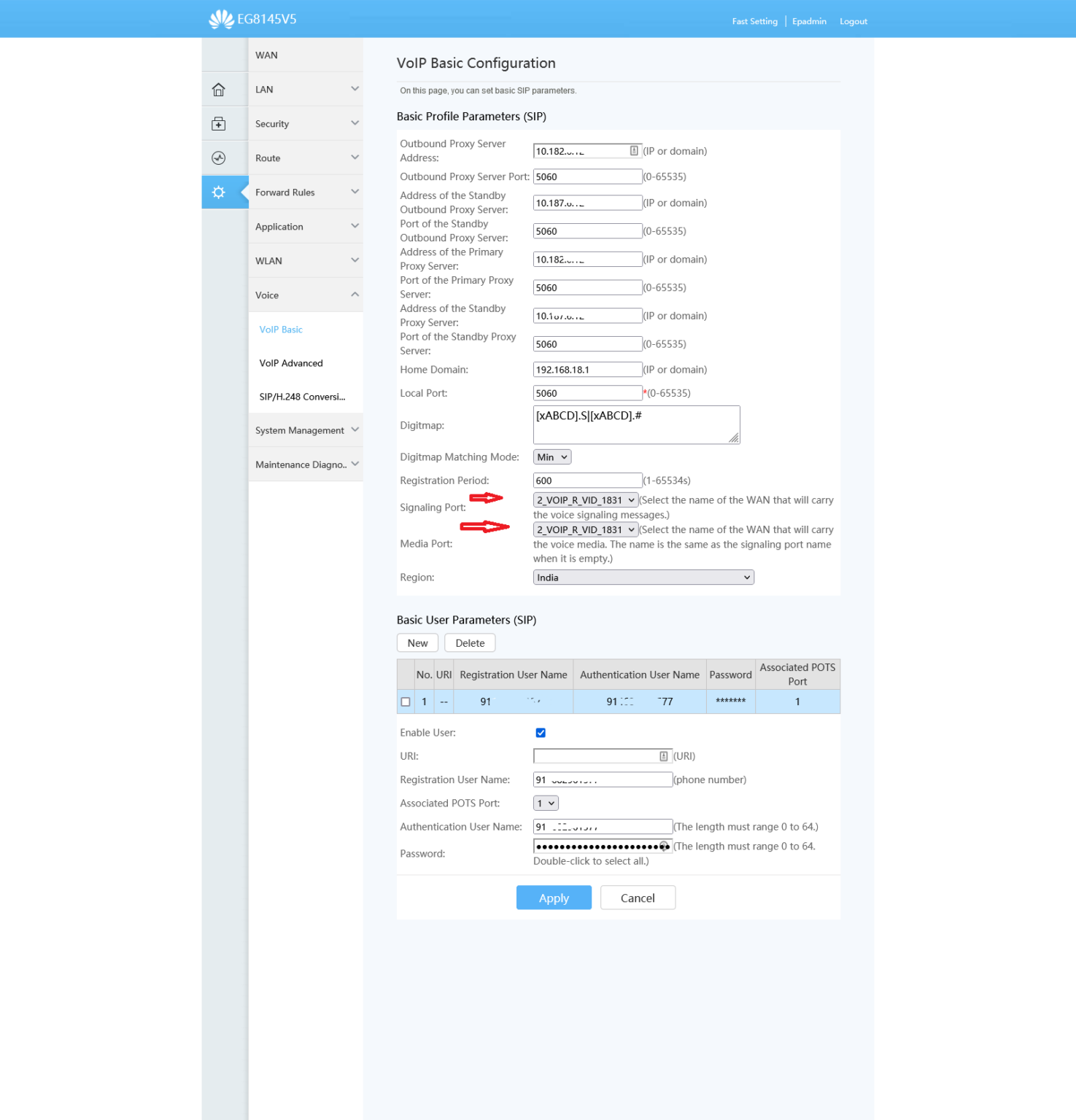 Configuring and setting up Huawei EchoLife EG8145V5 for bsnl VoIP